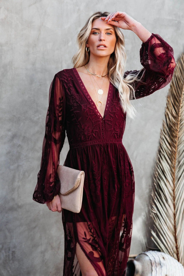 Delilah Long Boho Dress – Lightweight Lace Dress with V-Neckline and High Slit