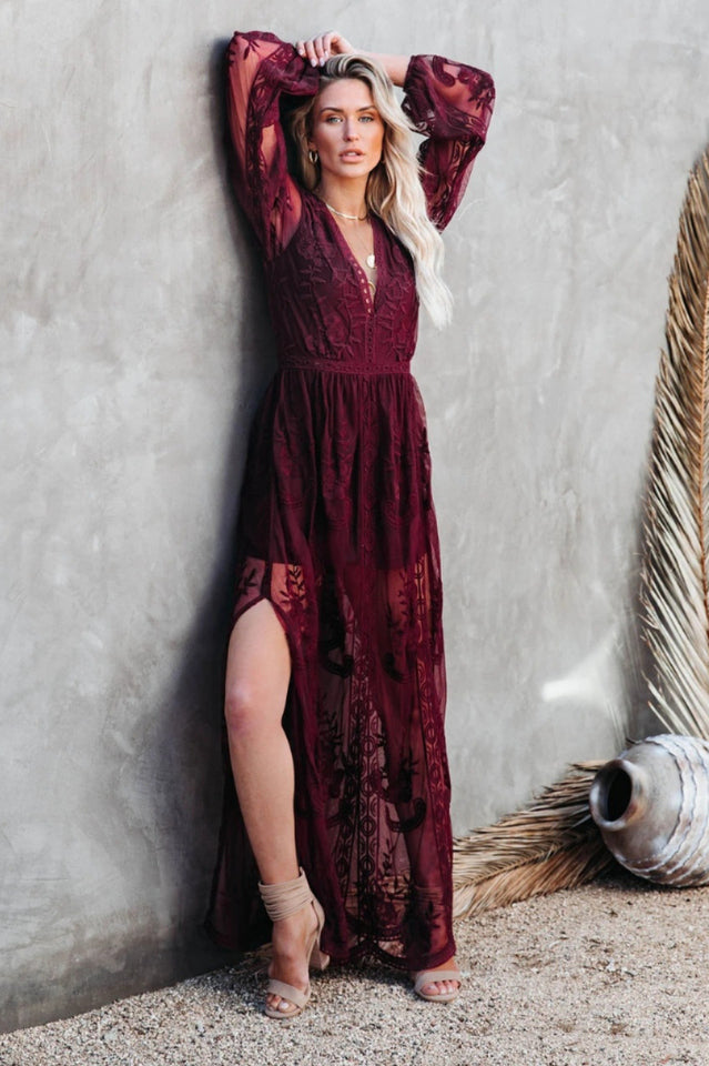 Delilah Long Boho Dress – Lightweight Lace Dress with V-Neckline and High Slit
