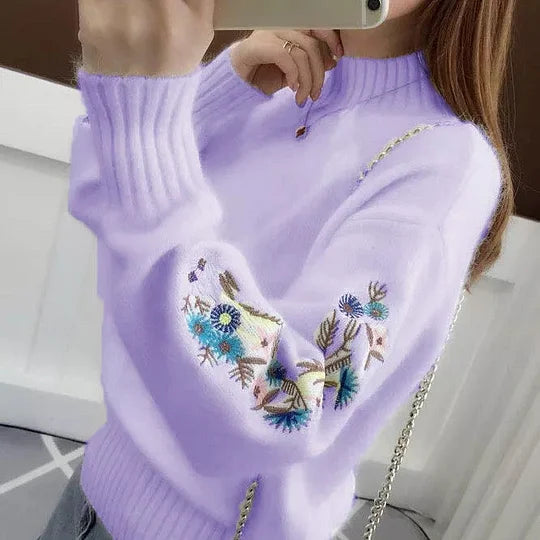 SASKIA | Cozy Thick Cotton Knit Sweater with Floral Embroidery