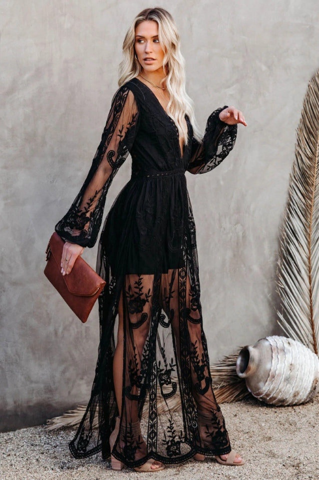 Delilah Long Boho Dress – Lightweight Lace Dress with V-Neckline and High Slit