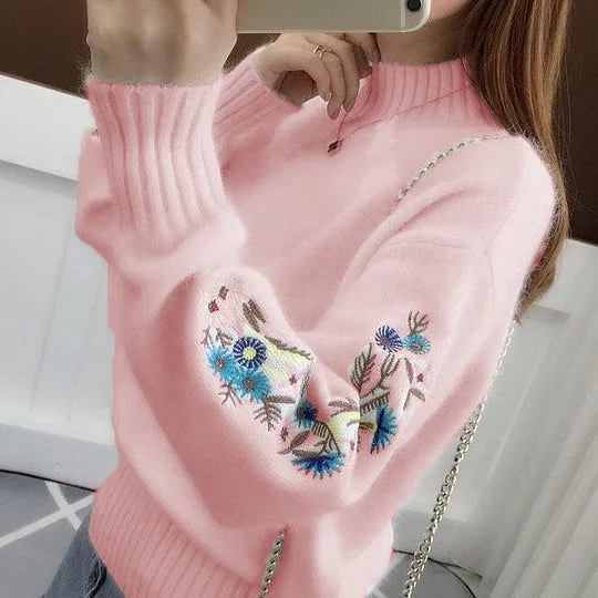 SASKIA | Cozy Thick Cotton Knit Sweater with Floral Embroidery