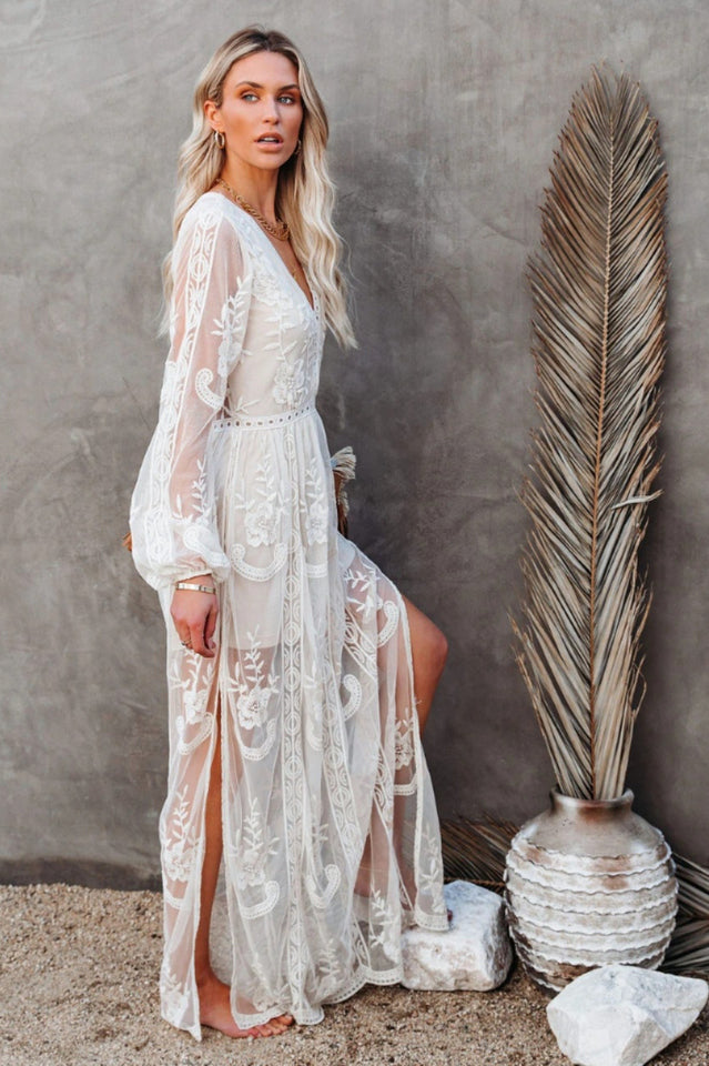 Delilah Long Boho Dress – Lightweight Lace Dress with V-Neckline and High Slit