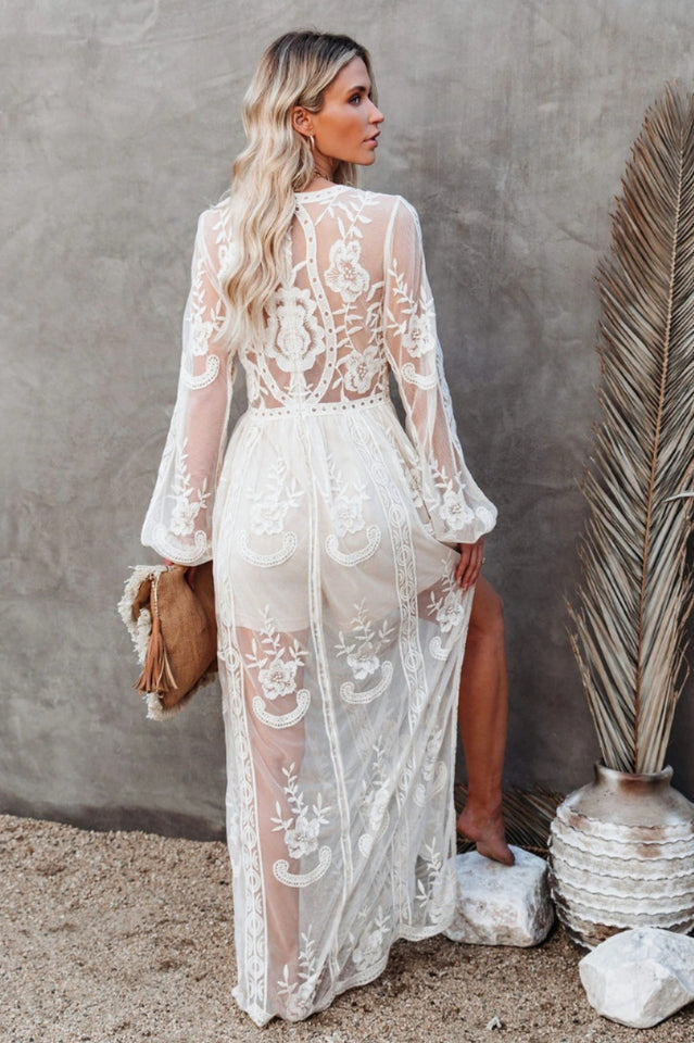Delilah Long Boho Dress – Lightweight Lace Dress with V-Neckline and High Slit