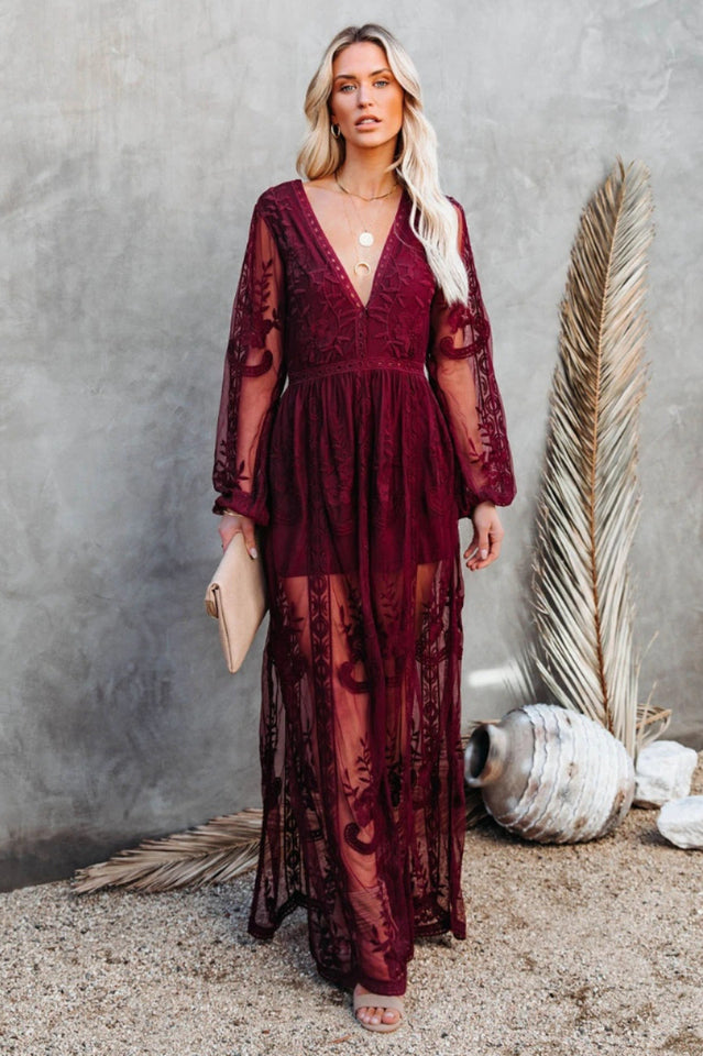 Delilah Long Boho Dress – Lightweight Lace Dress with V-Neckline and High Slit