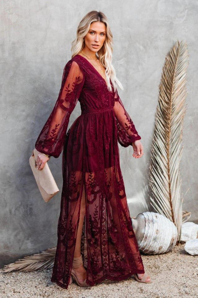 Delilah Long Boho Dress – Lightweight Lace Dress with V-Neckline and High Slit