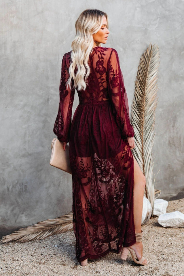 Delilah Long Boho Dress – Lightweight Lace Dress with V-Neckline and High Slit