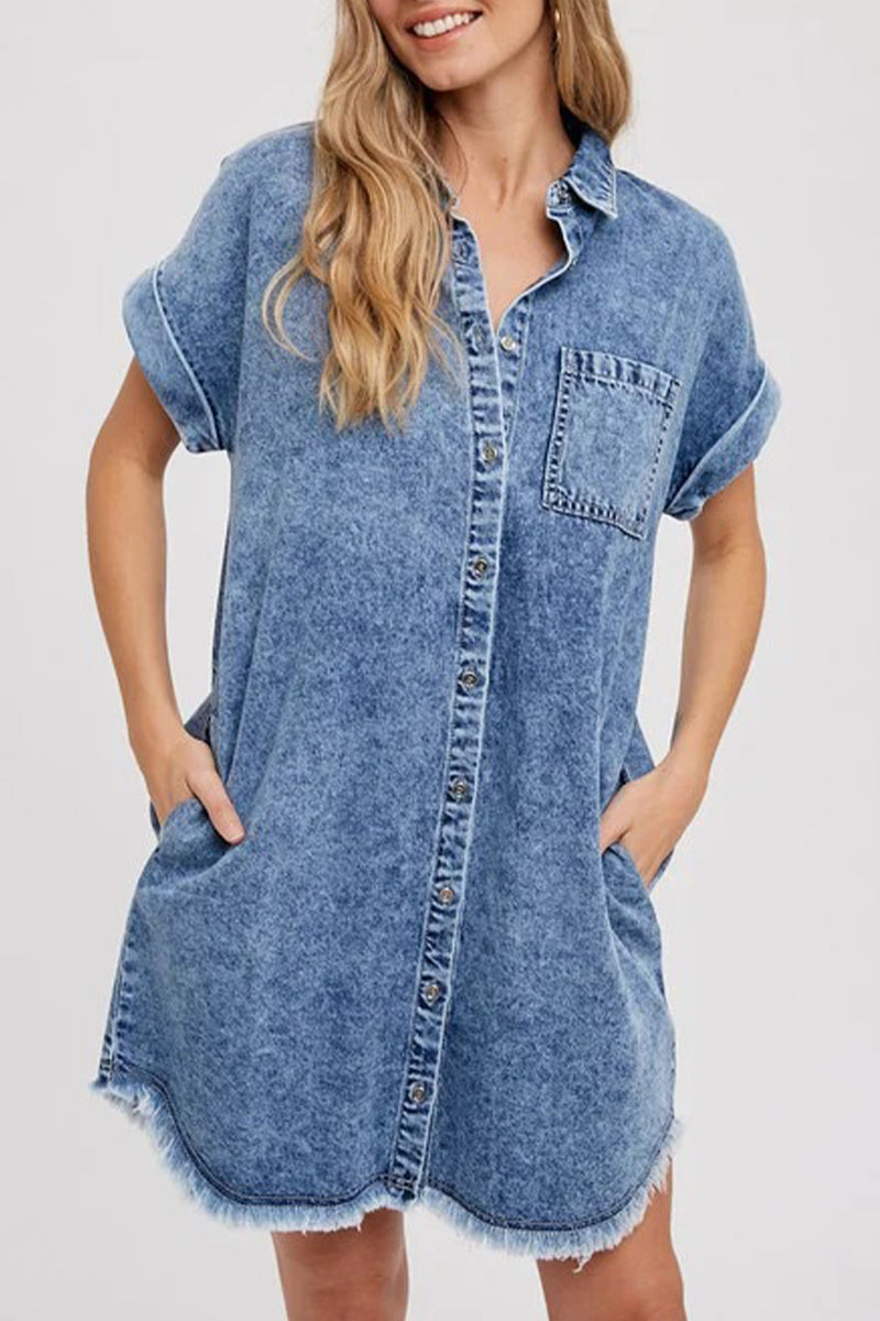 Casual Button Short Sleeve Loose Dress for Women