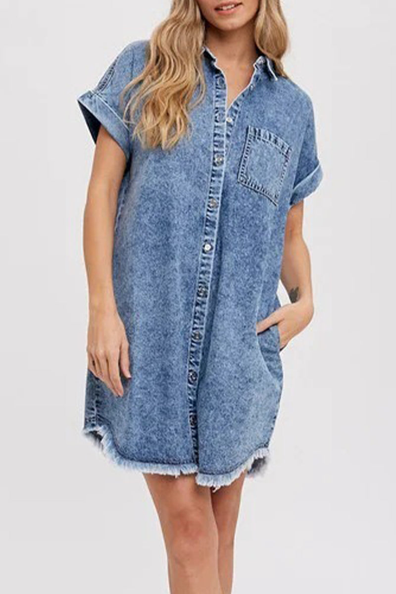 Casual Button Short Sleeve Loose Dress for Women