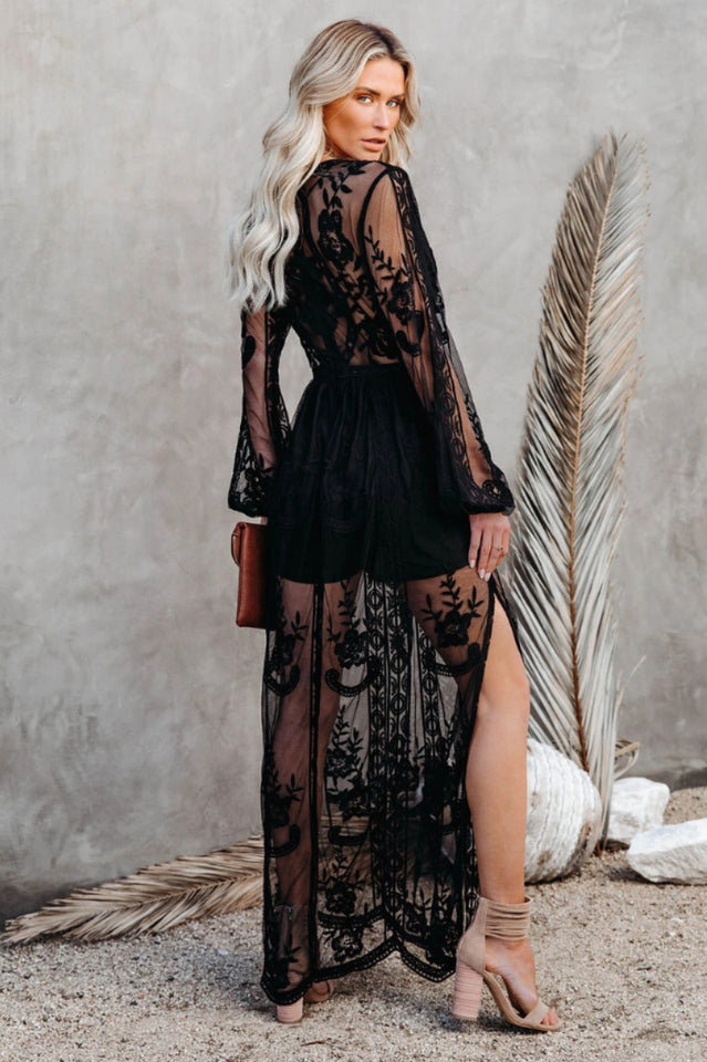 Delilah Long Boho Dress – Lightweight Lace Dress with V-Neckline and High Slit