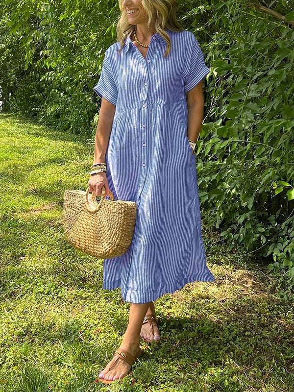 Malina | Striped Shirt Dress with Flaps and Buttons, Featuring Functional Pockets