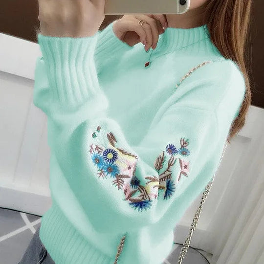 SASKIA | Cozy Thick Cotton Knit Sweater with Floral Embroidery