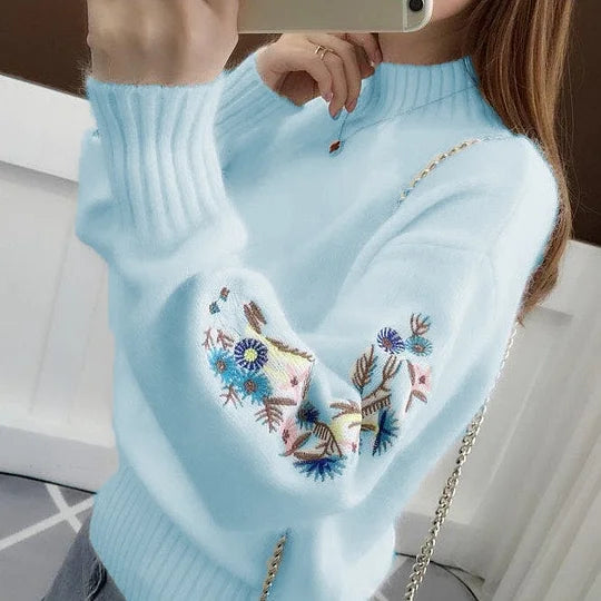SASKIA | Cozy Thick Cotton Knit Sweater with Floral Embroidery