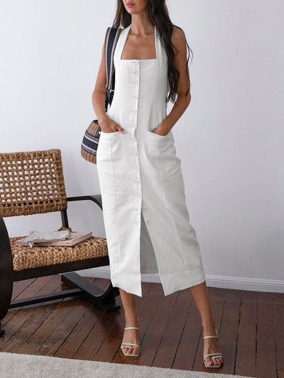 Tied Halter Button Midi Dress for Women