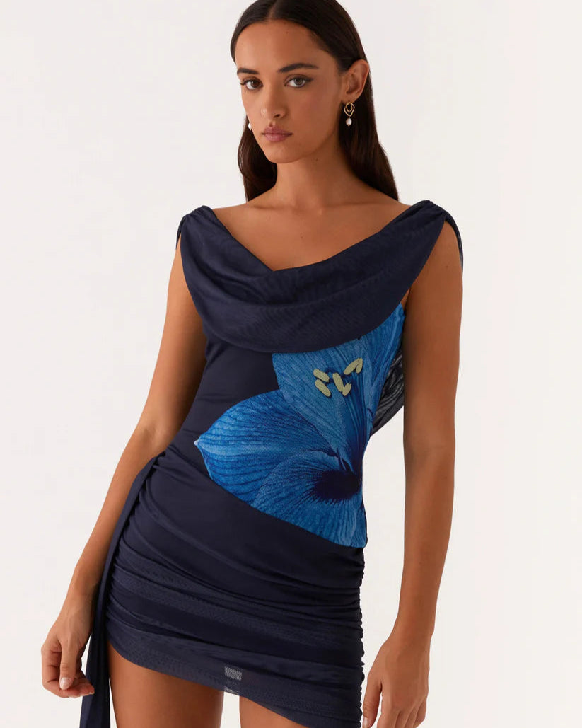 Blue Blossom Draped Mini Dress