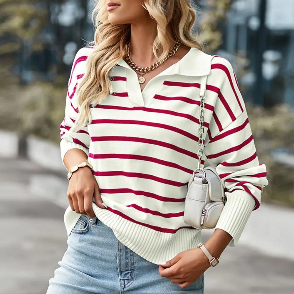 Women's Striped V-Neck Pullover Knit Sweater