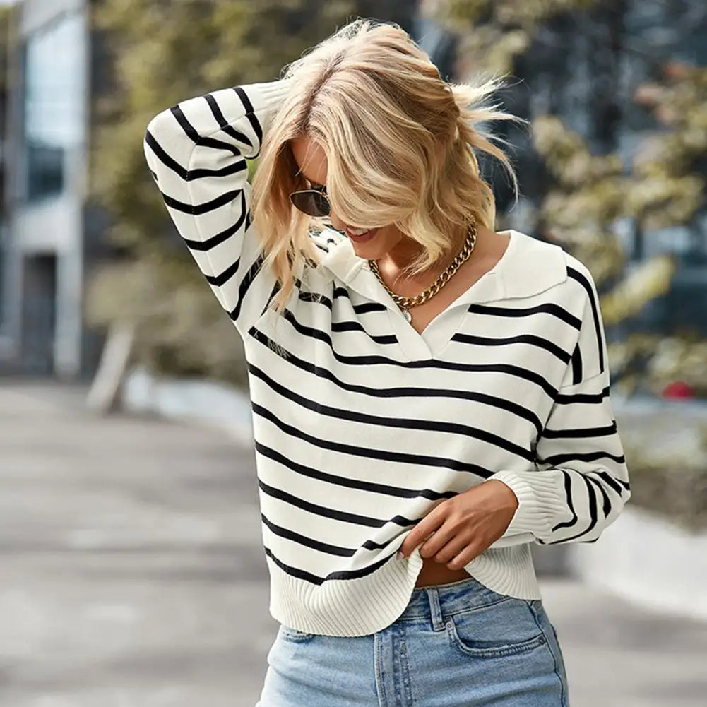 Women's Striped V-Neck Pullover Knit Sweater