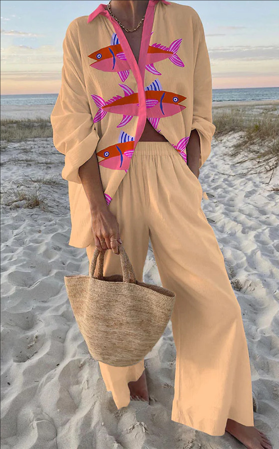 Evalisse™ | Pink Fish Patterned Linen Set