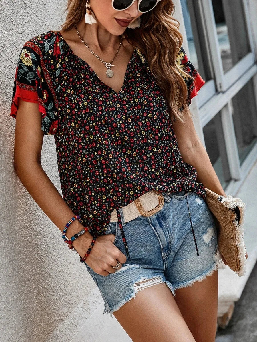 Women's Versatile V-Neck Short-Sleeve Blouse