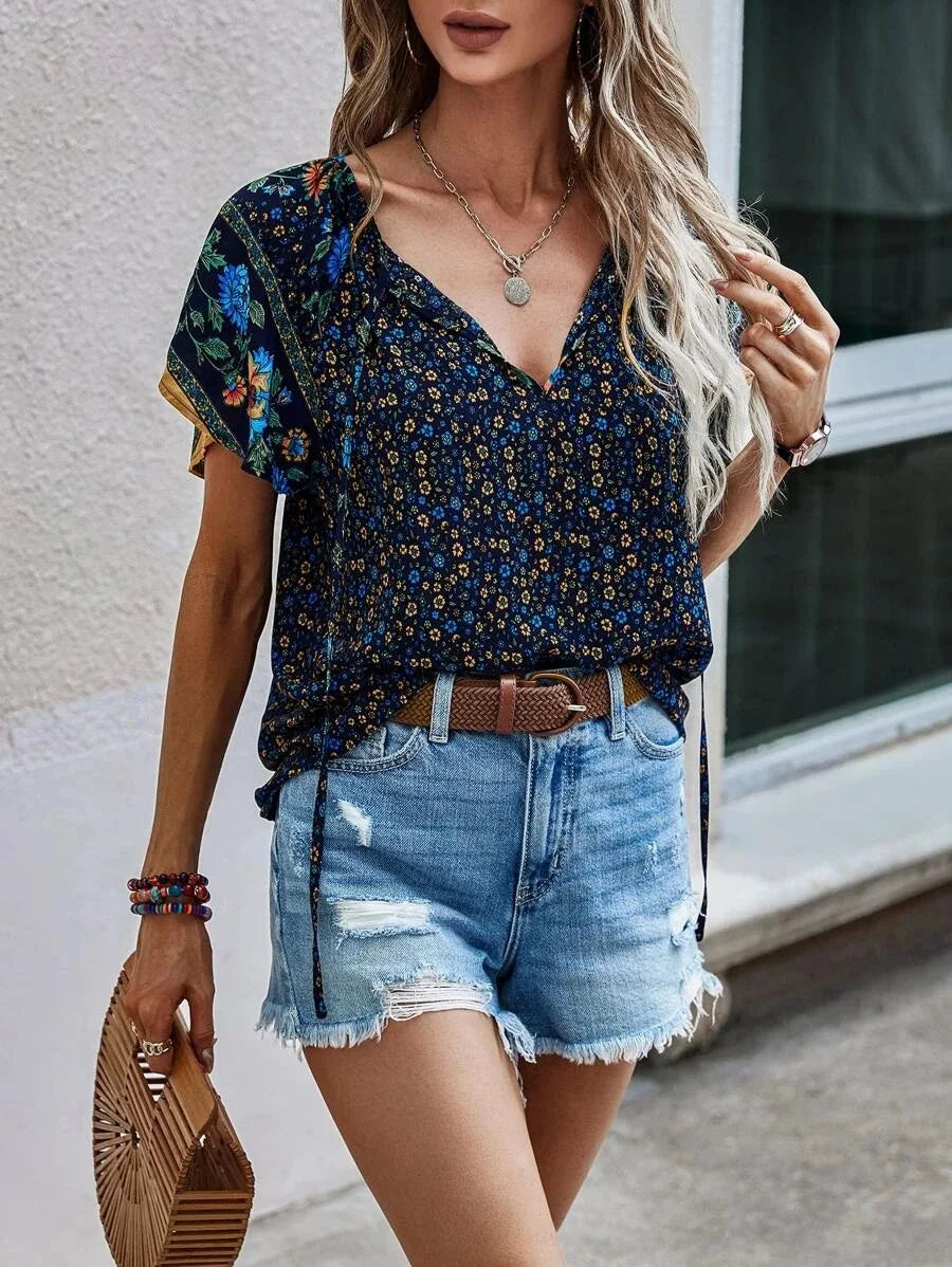 Women's Versatile V-Neck Short-Sleeve Blouse